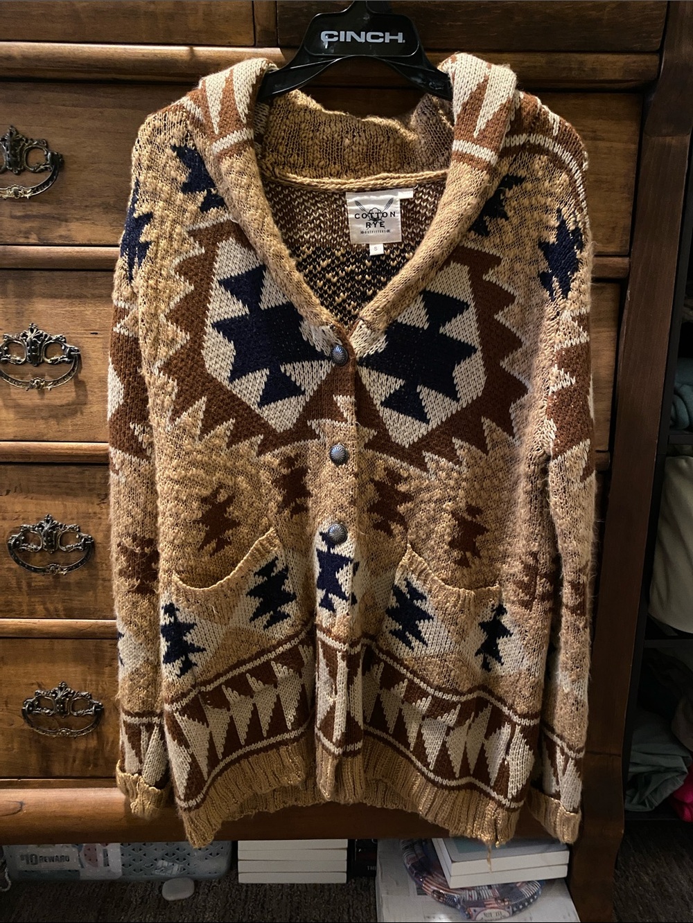 Cotton On Chevron Aztec Shawl Collar Cardigan - Brown/Navy